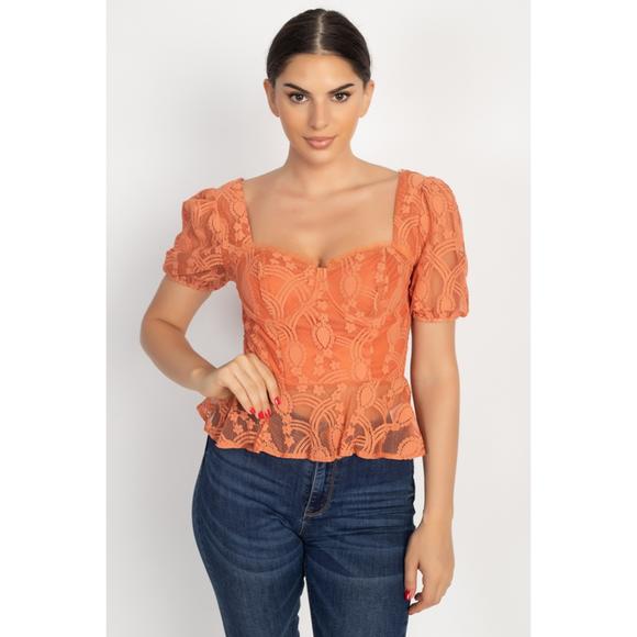 Rachell`s Boutique Tops - Sheer Lace Sweetheart Flounce Top